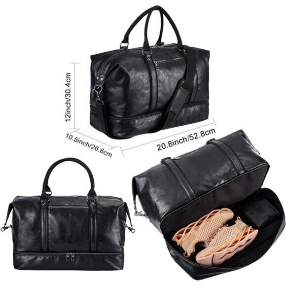 Leather Travel Bag with Shoe Pouch,Weekender Overnight Bag Waterproof PU Leather - Picture 2 of 7